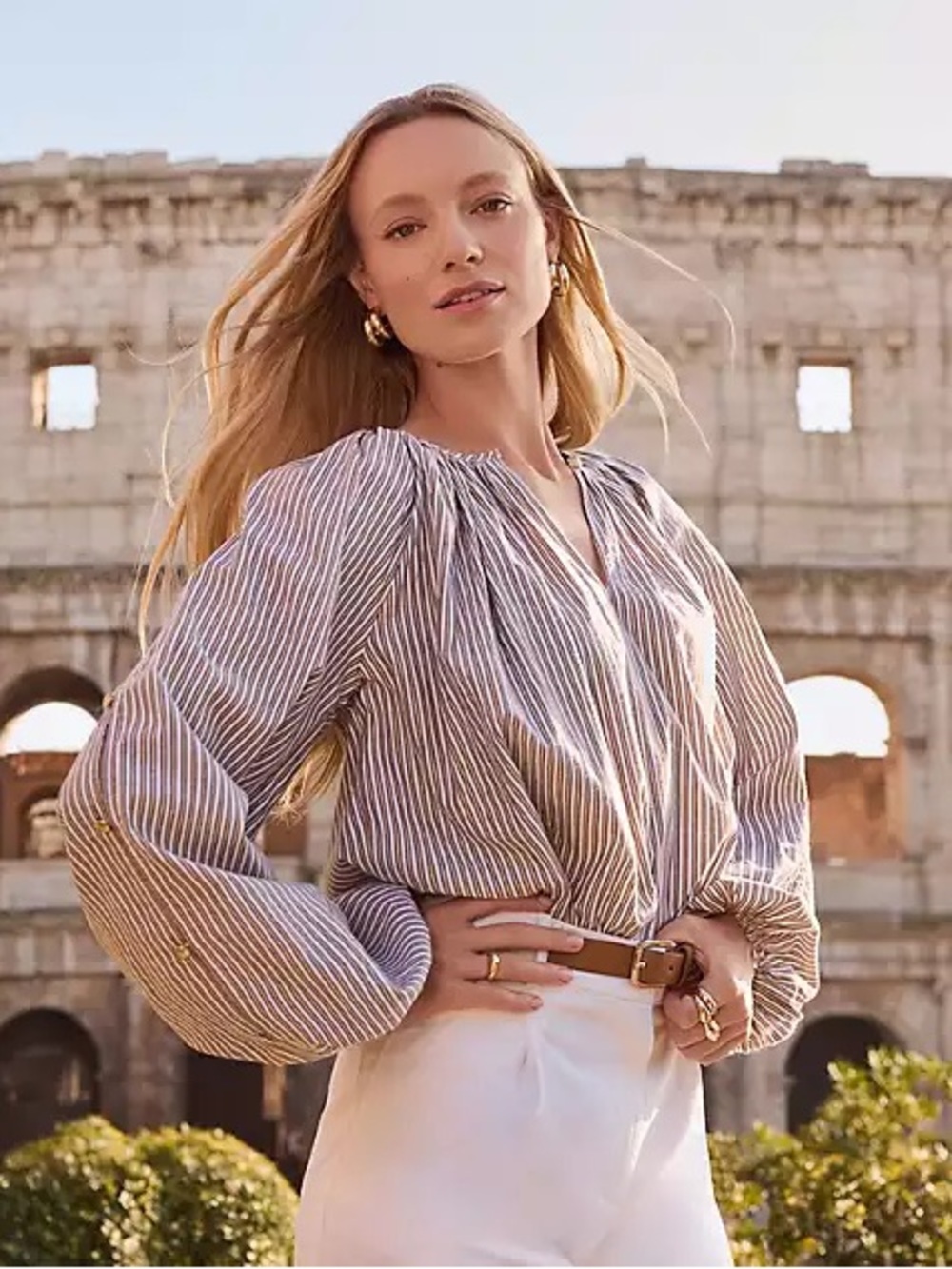 LOFT Shimmer Striped Button Sleeve Blouse